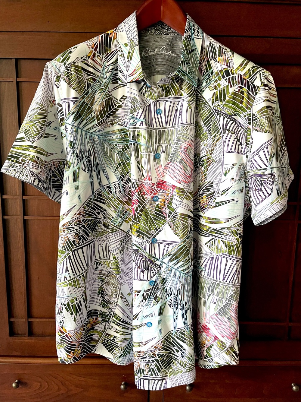 Robert Graham Palm Leaf Print Embroidered Short Sleeve Shirt 4XL